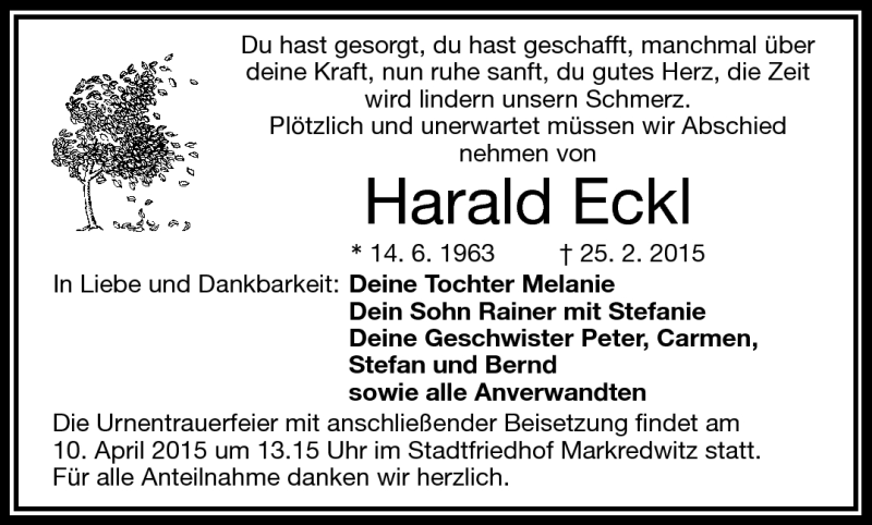  Traueranzeige für Harald Eckl vom 08.04.2015 aus Frankenpost