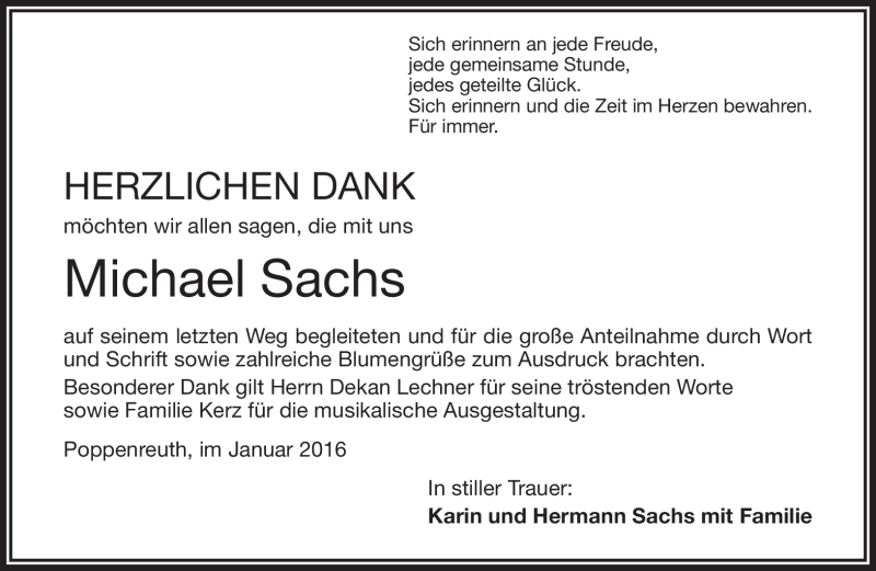  Traueranzeige für Michael Sachs vom 30.01.2016 aus Frankenpost
