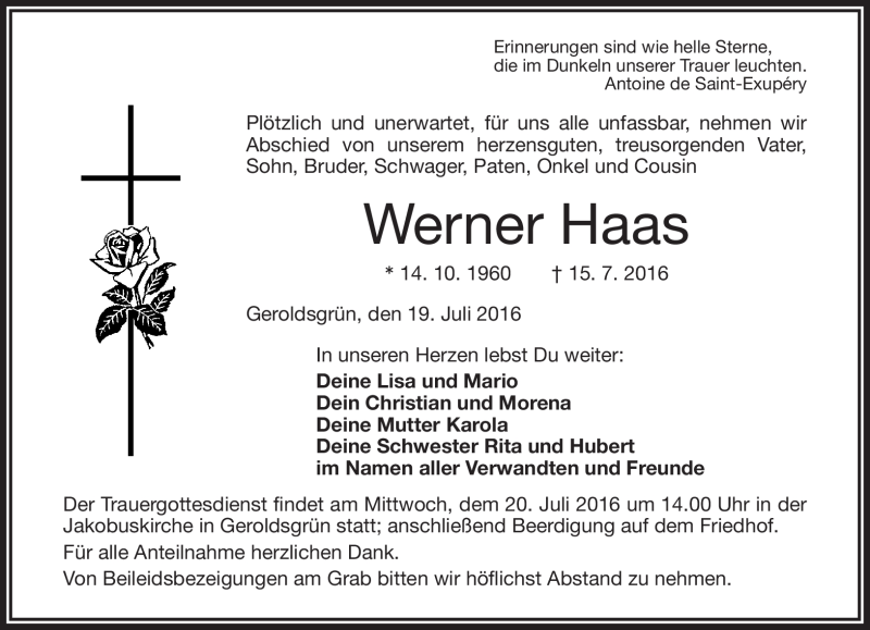  Traueranzeige für Werner Haas vom 19.07.2016 aus Frankenpost