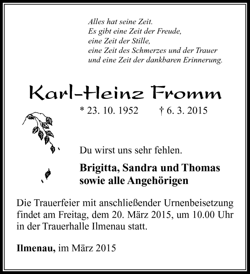  Traueranzeige für Karl-Heinz Fromm vom 14.03.2015 aus Südthüringer Presse