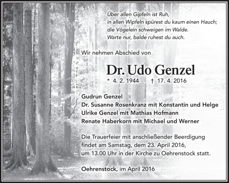  Traueranzeige für Dr. Udo Genzel vom 20.04.2016 aus Südthüringer Presse