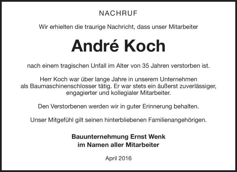  Traueranzeige für André Koch vom 09.04.2016 aus Südthüringer Presse