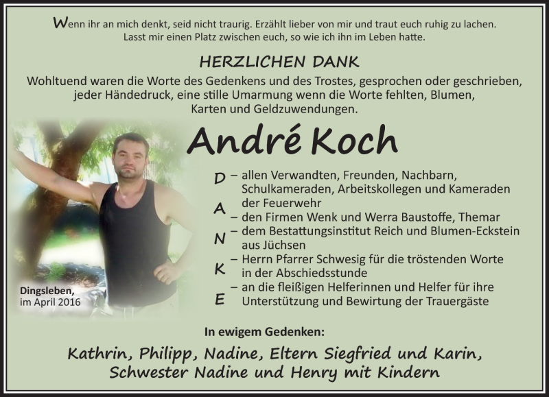  Traueranzeige für André Koch vom 23.04.2016 aus Südthüringer Presse