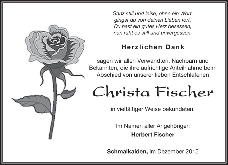  Traueranzeige für Christa Fischer vom 02.12.2015 aus Südthüringer Presse