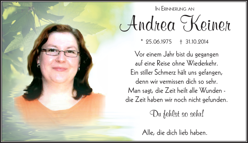  Traueranzeige für Andrea Keiner vom 30.10.2015 aus Südthüringer Presse