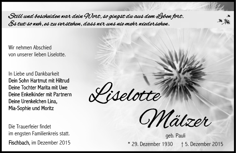  Traueranzeige für Liselotte Mälzer vom 10.12.2015 aus Südthüringer Presse