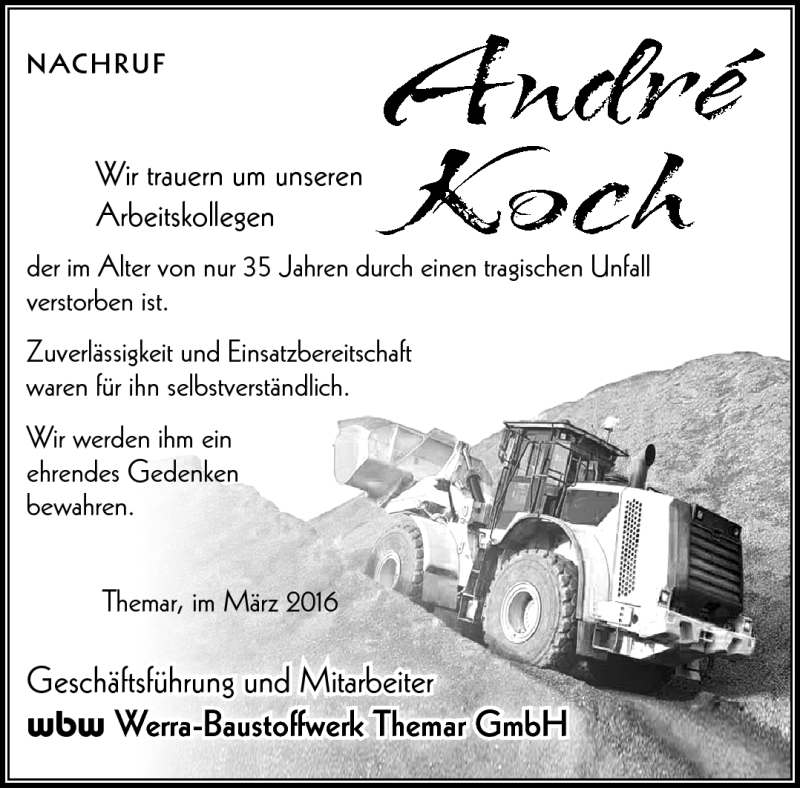  Traueranzeige für André Koch vom 02.04.2016 aus Südthüringer Presse