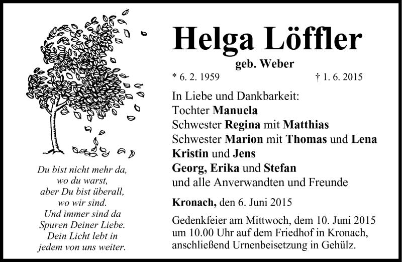  Traueranzeige für Helga Löffler vom 06.06.2015 aus Neue Presse Coburg