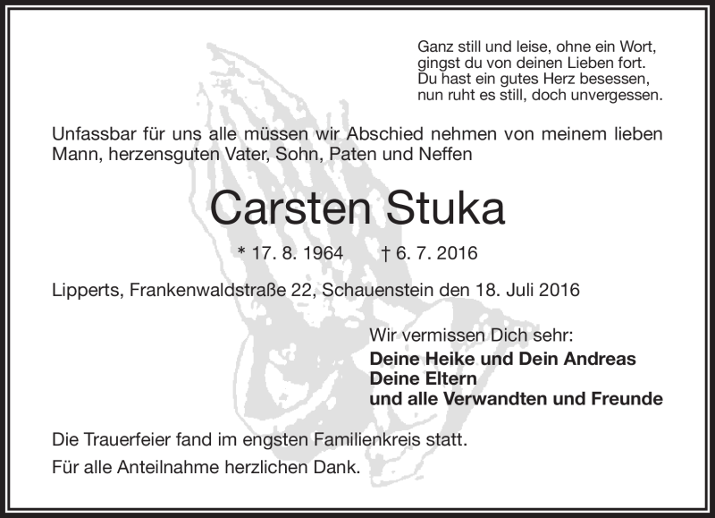  Traueranzeige für Carsten Stuka vom 18.07.2016 aus Frankenpost