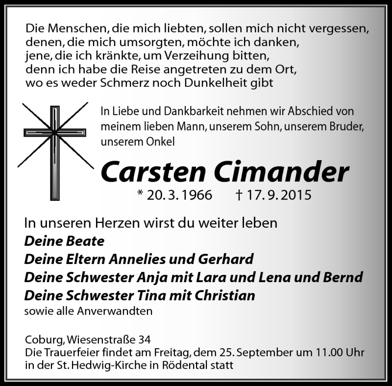  Traueranzeige für Carsten Cimander vom 23.09.2015 aus Neue Presse Coburg