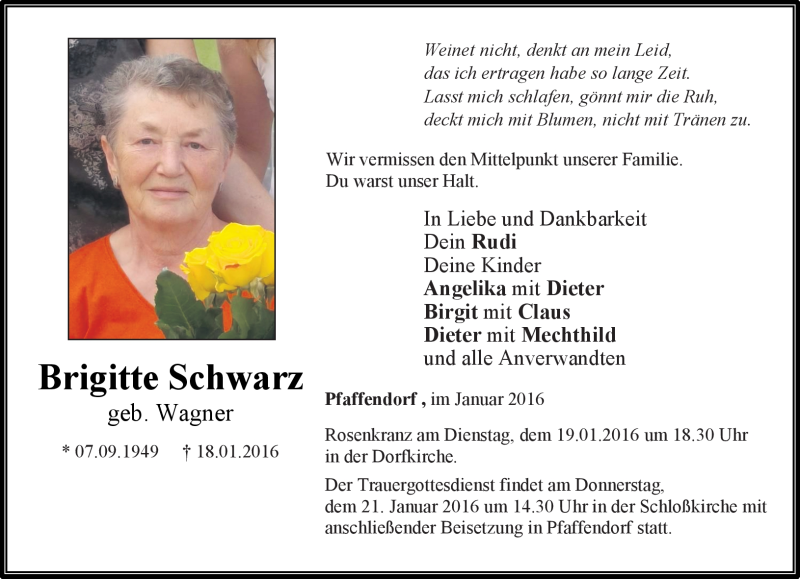  Traueranzeige für Brigitte Schwarz vom 19.01.2016 aus Neue Presse Coburg