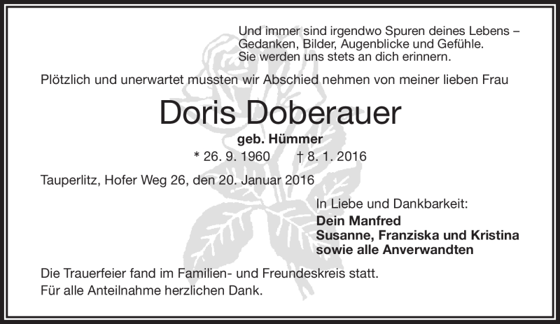  Traueranzeige für Doris Doberauer vom 20.01.2016 aus Frankenpost