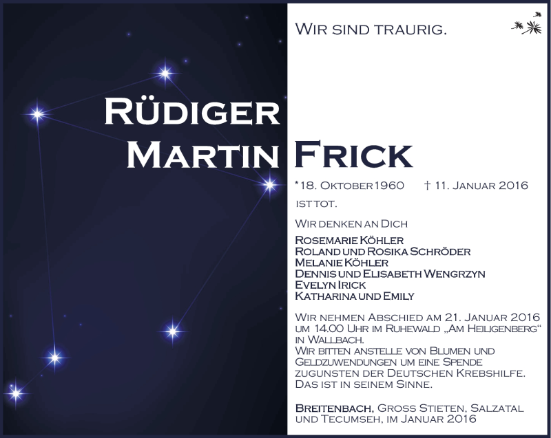  Traueranzeige für Rüdiger Frick vom 16.01.2016 aus Südthüringer Presse