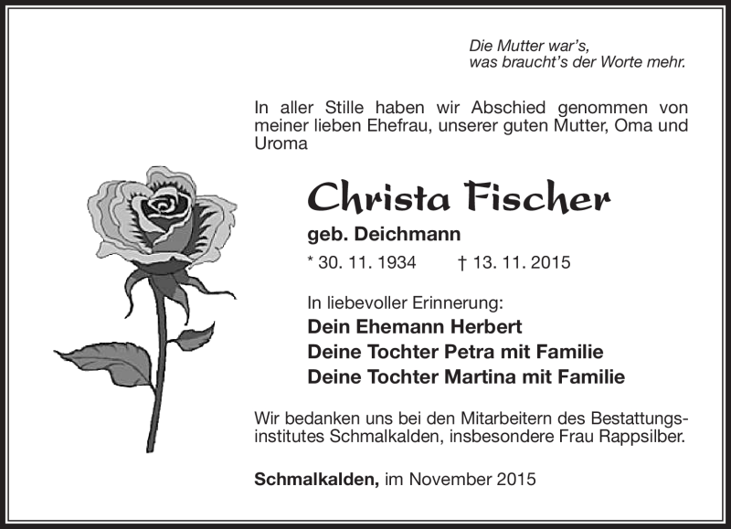  Traueranzeige für Christa Fischer vom 28.11.2015 aus Südthüringer Presse