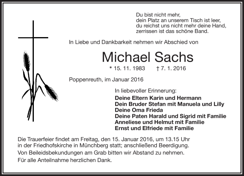  Traueranzeige für Michael Sachs vom 13.01.2016 aus Frankenpost