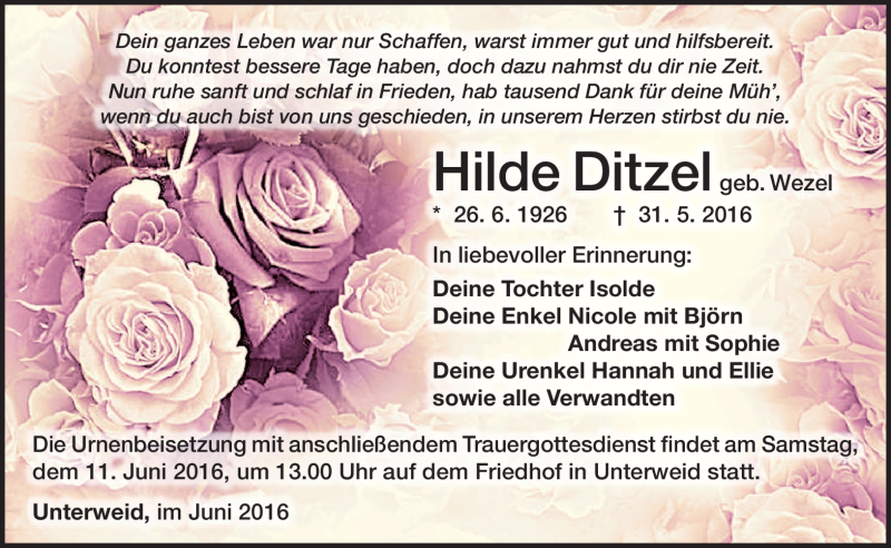  Traueranzeige für Hilde Ditzel vom 07.06.2016 aus Südthüringer Presse