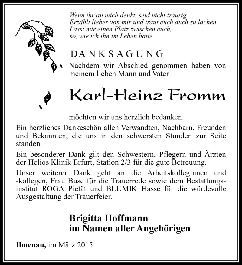  Traueranzeige für Karl-Heinz Fromm vom 28.03.2015 aus Südthüringer Presse