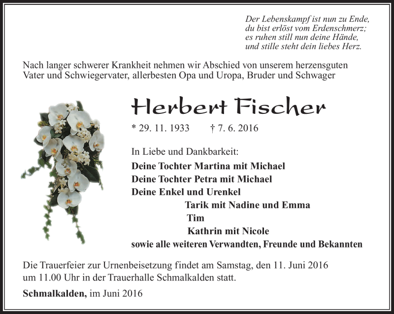  Traueranzeige für Herbert Fischer vom 09.06.2016 aus Südthüringer Presse