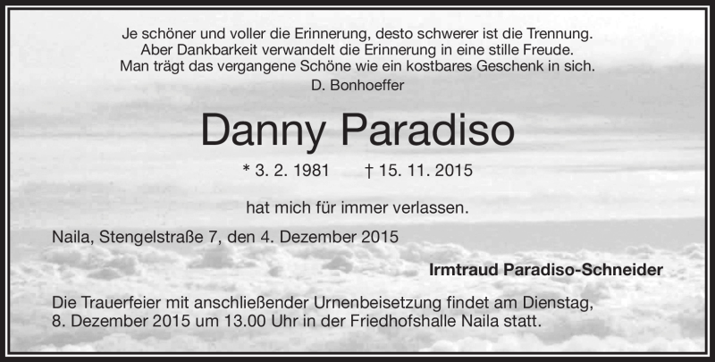  Traueranzeige für Danny Paradiso vom 04.12.2015 aus Frankenpost