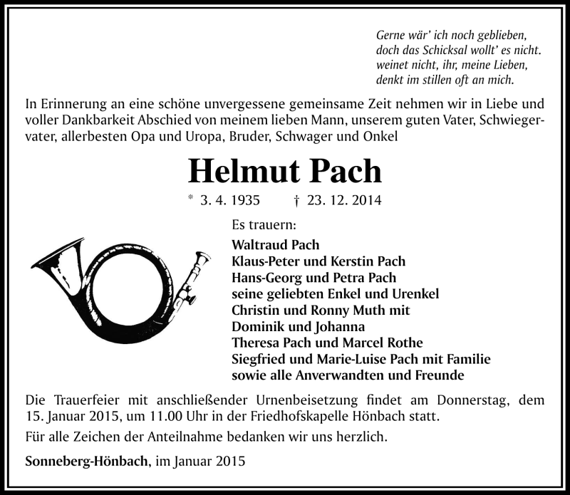  Traueranzeige für Helmut Pach vom 10.01.2015 aus Südthüringer Presse