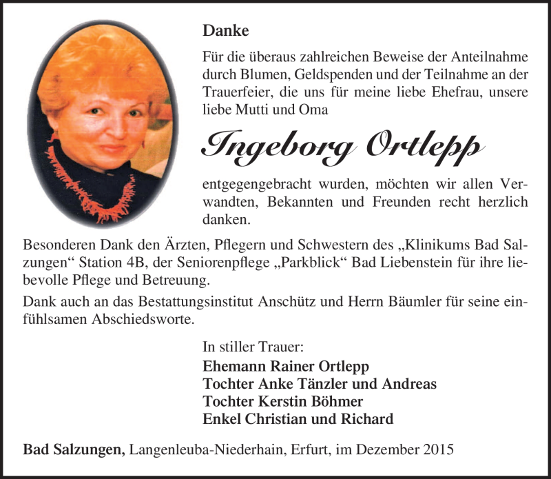  Traueranzeige für Ingeborg Ortlepp vom 23.12.2015 aus Südthüringer Presse
