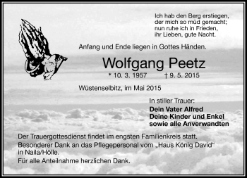 Traueranzeige von wolfgang Peetz von Frankenpost