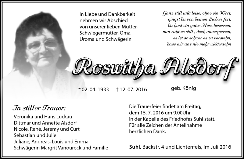  Traueranzeige für Roswitha Alsdorf vom 14.07.2016 aus Südthüringer Presse