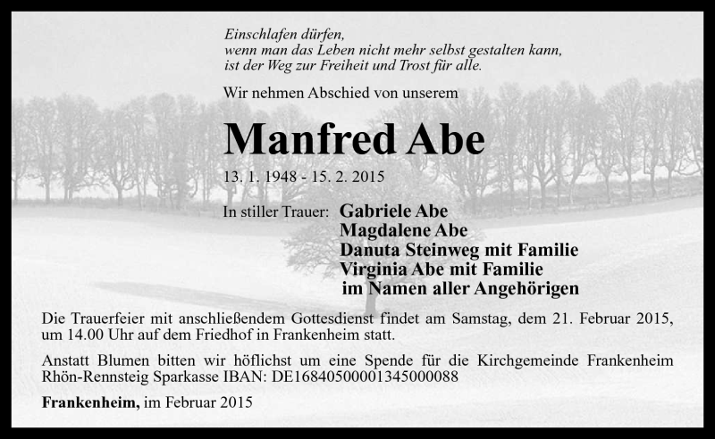 Traueranzeige für Manfred Abe vom 17.02.2015 aus Südthüringer Presse