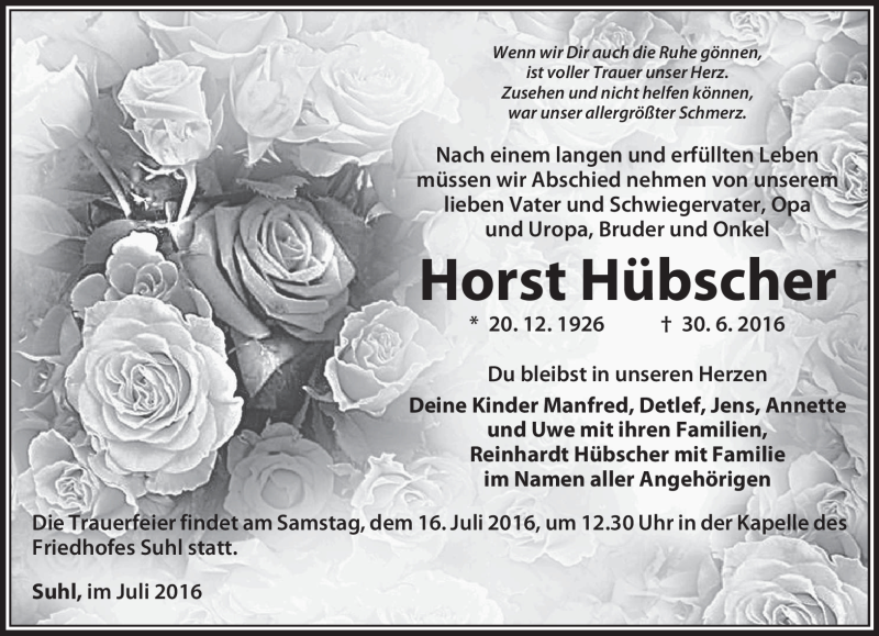  Traueranzeige für Horst Hübscher vom 09.07.2016 aus Südthüringer Presse