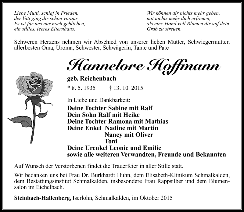  Traueranzeige für Hannelore Hoffmann vom 21.10.2015 aus Südthüringer Presse