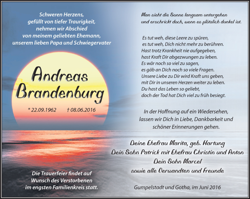  Traueranzeige für Andreas Brandenburg vom 15.06.2016 aus Südthüringer Presse