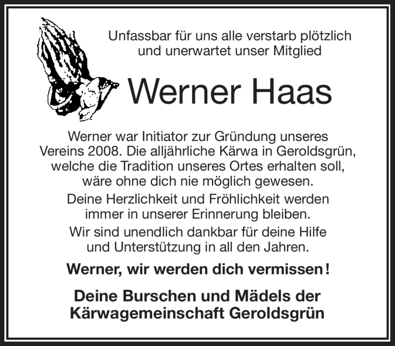  Traueranzeige für Werner Haas vom 19.07.2016 aus Frankenpost