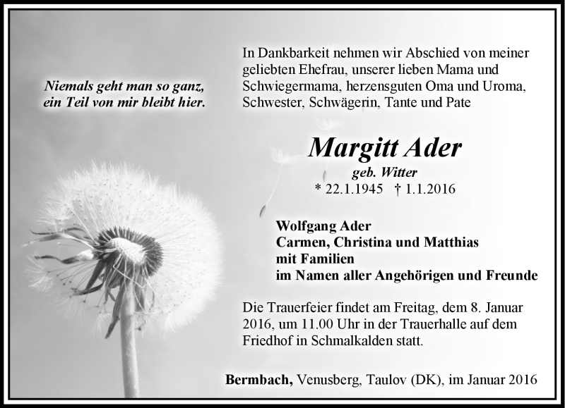  Traueranzeige für Margitt Ader vom 05.01.2016 aus Südthüringer Presse