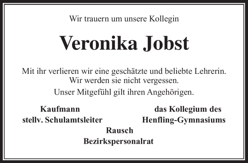  Traueranzeige für Veronika Jobst vom 25.10.2016 aus Südthüringer Presse