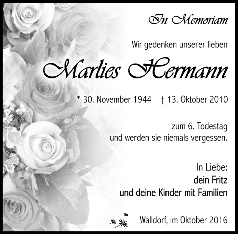  Traueranzeige für Marlies Hermann vom 13.10.2016 aus Südthüringer Presse