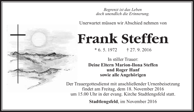  Traueranzeige für Frank Steffen vom 15.11.2016 aus Südthüringer Presse