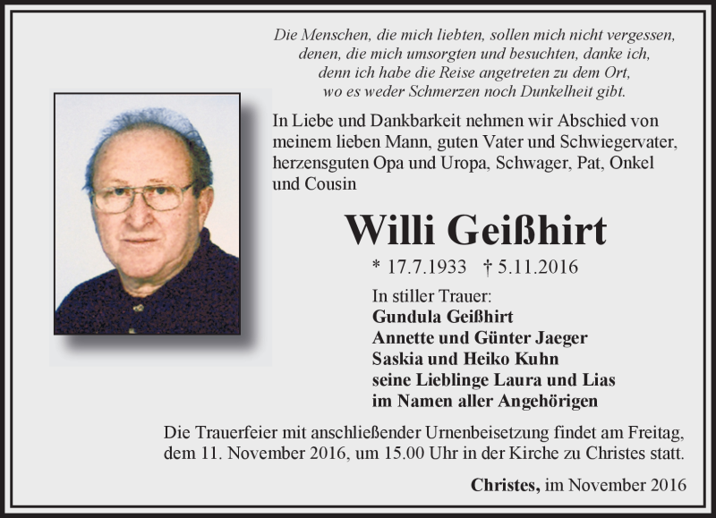  Traueranzeige für Willi Geißhirt vom 08.11.2016 aus Südthüringer Presse