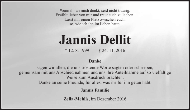  Traueranzeige für Jannis Dellit vom 14.12.2016 aus Südthüringer Presse