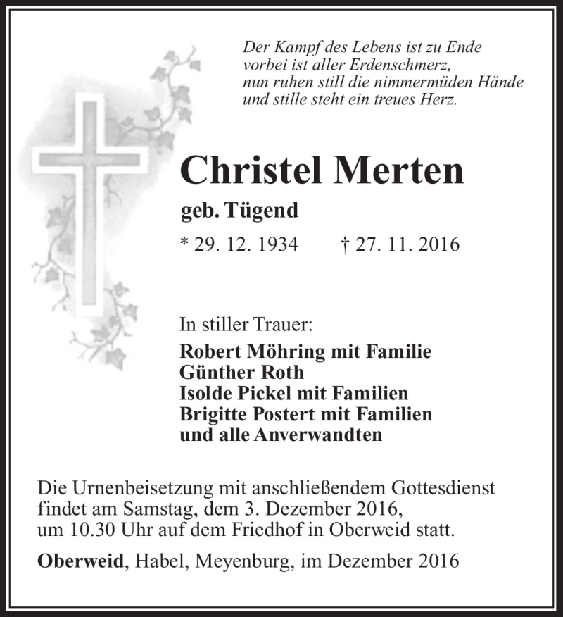  Traueranzeige für Christel Merten vom 01.12.2016 aus Südthüringer Presse