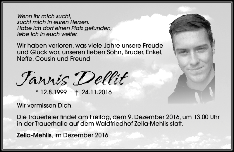  Traueranzeige für Jannis Dellit vom 06.12.2016 aus Südthüringer Presse