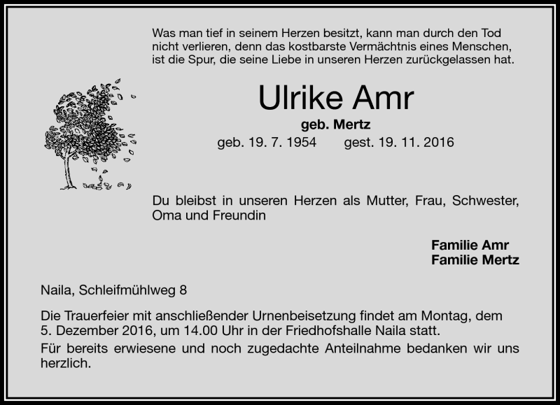  Traueranzeige für Ulrike Amr vom 02.12.2016 aus Frankenpost