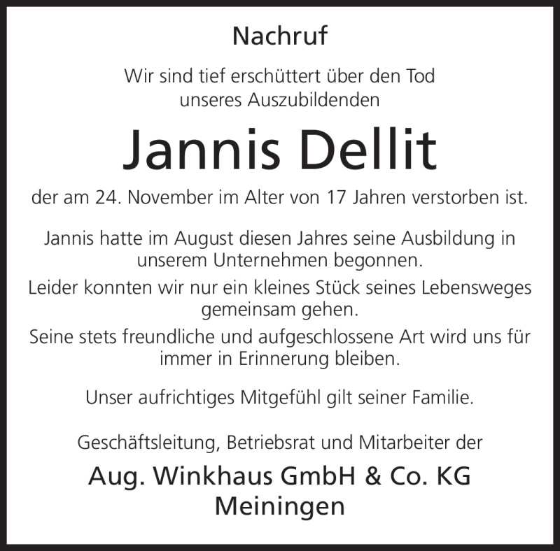  Traueranzeige für Jannis Dellit vom 07.12.2016 aus Südthüringer Presse