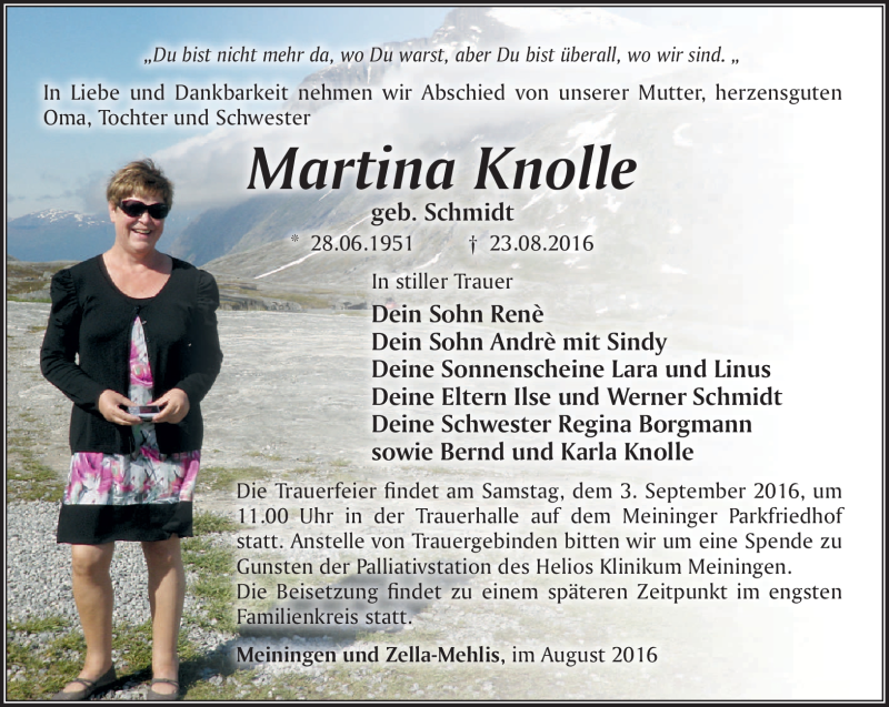  Traueranzeige für Martina Knolle vom 27.08.2016 aus Südthüringer Presse
