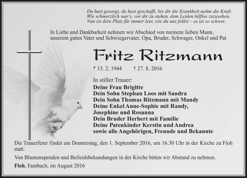  Traueranzeige für Fritz Ritzmann vom 30.08.2016 aus Südthüringer Presse
