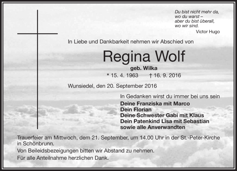  Traueranzeige für Regina Wolf vom 20.09.2016 aus Frankenpost