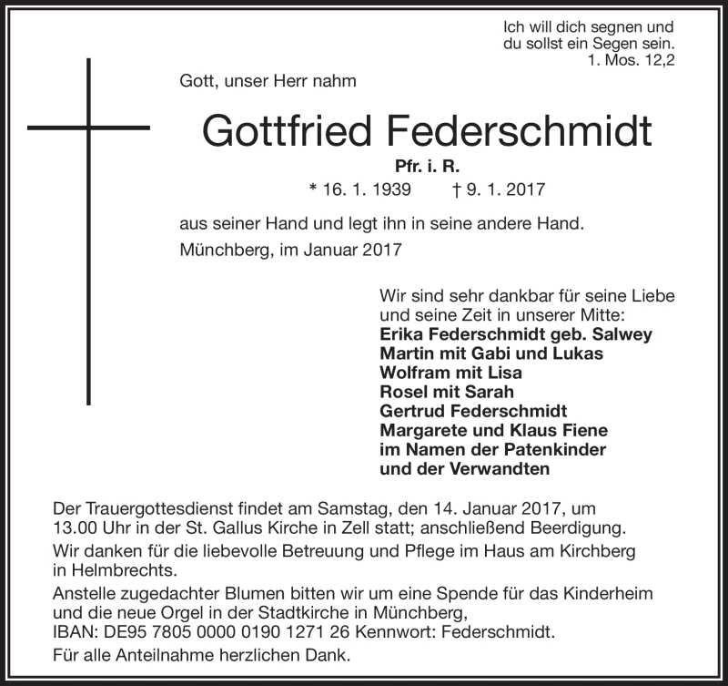  Traueranzeige für Gottfried Federschmidt vom 12.01.2017 aus Frankenpost