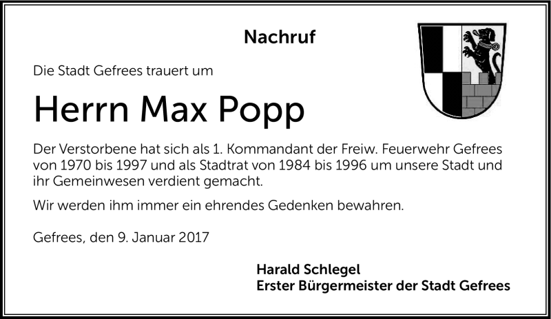  Traueranzeige für Max Popp vom 09.01.2017 aus Frankenpost