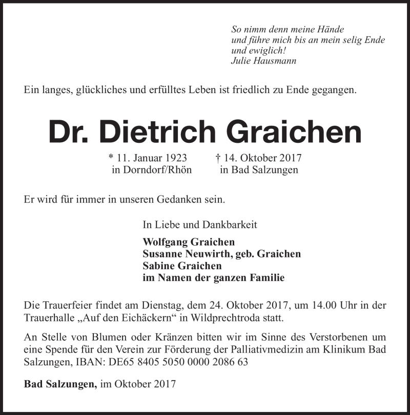  Traueranzeige für Dietrich Graichen vom 18.10.2017 aus Südthüringer Presse