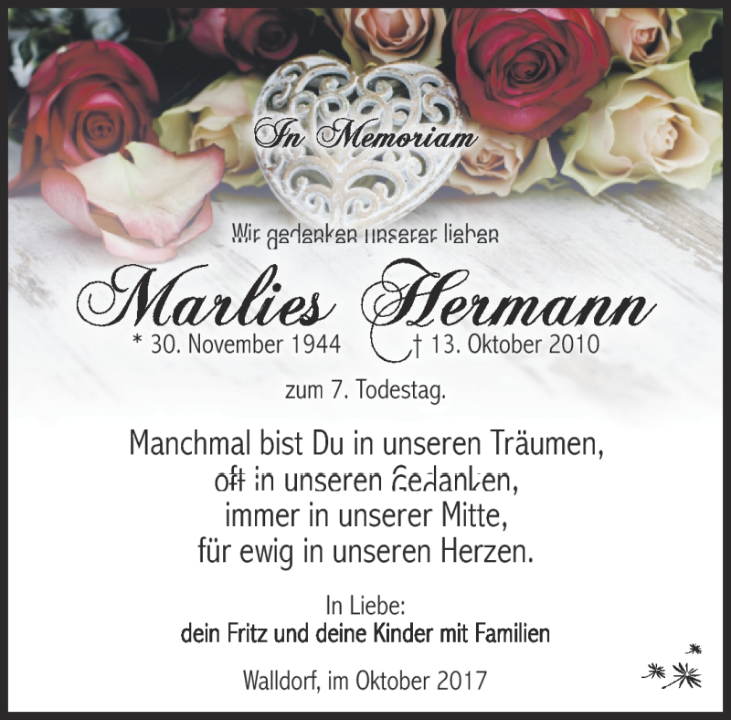  Traueranzeige für Marlies Hermann vom 13.10.2017 aus Südthüringer Presse