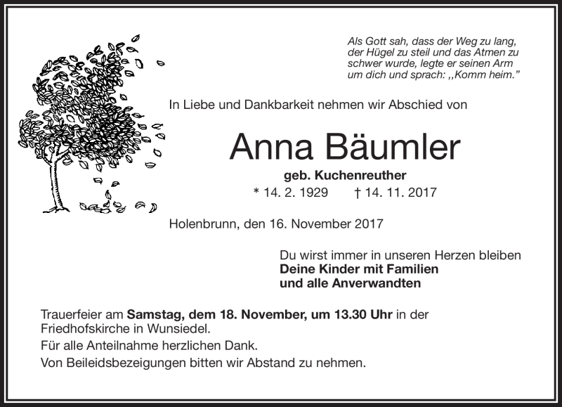  Traueranzeige für Anna Bäumler vom 16.11.2017 aus Frankenpost
